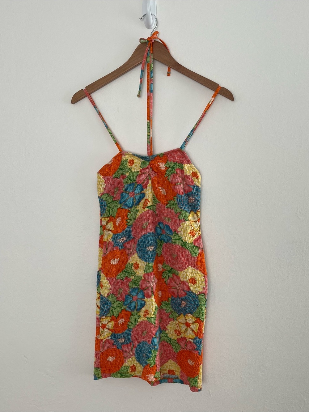 Zara Bright Floral Smocked Mini Dress Sz L Multicolor Tropical Beach Vacation